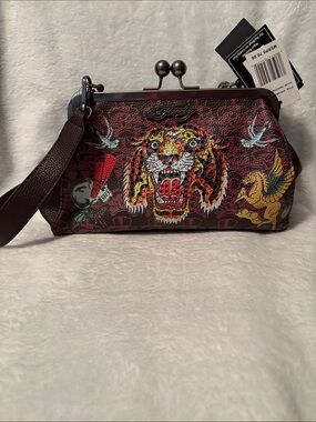 Ed Hardy Burgundy Red Tiger Embroidered Frame Clutch